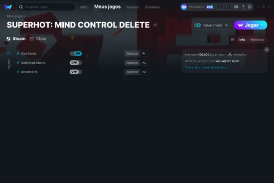 Captura de tela de cheats do SUPERHOT: MIND CONTROL DELETE