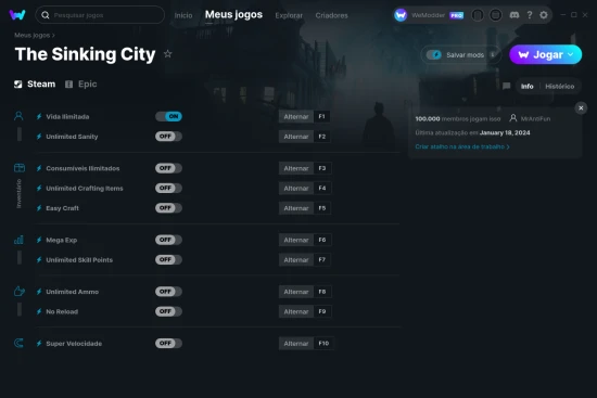 Captura de tela de cheats do The Sinking City