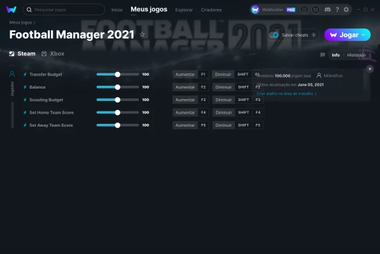Captura de tela de cheats do Football Manager 2021