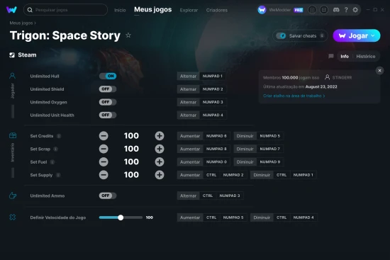 Captura de tela de cheats do Trigon: Space Story