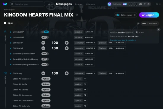 Captura de tela de cheats do KINGDOM HEARTS FINAL MIX