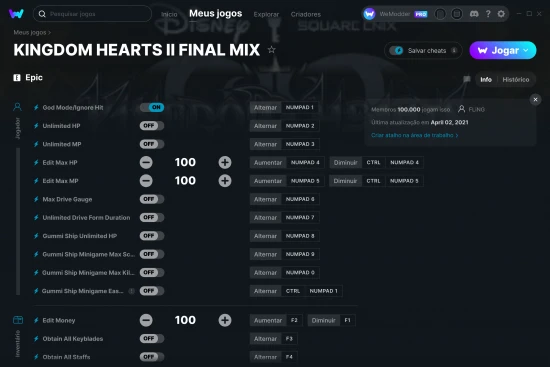Captura de tela de cheats do KINGDOM HEARTS II FINAL MIX