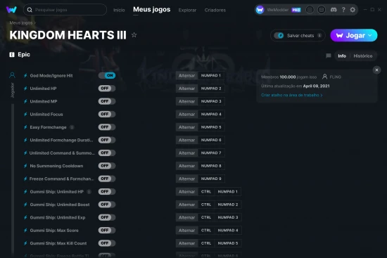 Captura de tela de cheats do KINGDOM HEARTS III