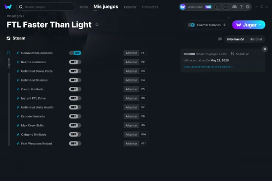 captura de pantalla de las trampas de FTL Faster Than Light