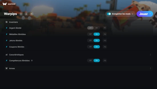 Capture d’écran des cheats pour Warpips