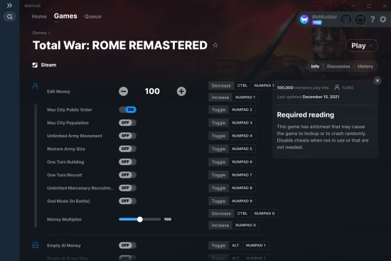 Total War: ROME REMASTERED cheats screenshot