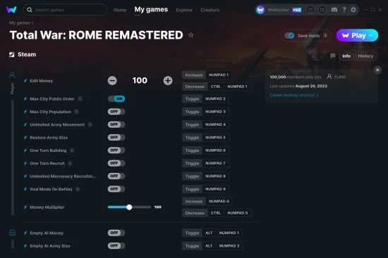 Total War: ROME REMASTERED cheats screenshot