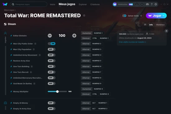 Captura de tela de cheats do Total War: ROME REMASTERED