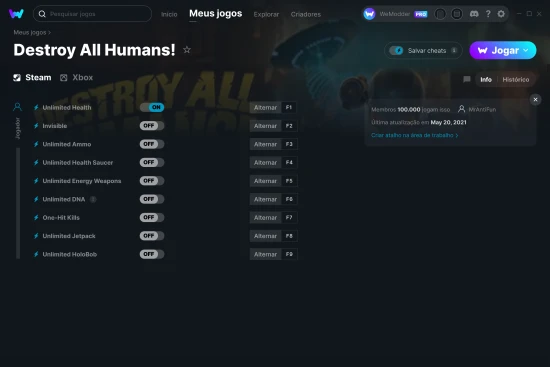 Captura de tela de cheats do Destroy All Humans!