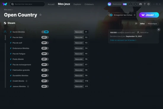 Capture d'écran de triches de Open Country