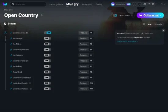 cheaty Open Country zrzut ekranu
