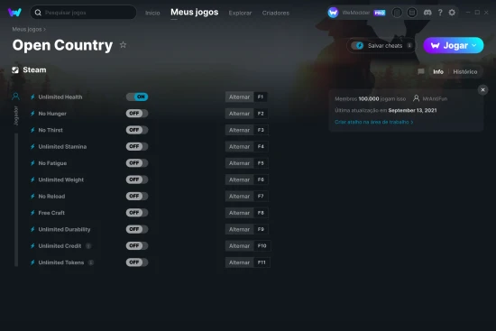 Captura de tela de cheats do Open Country