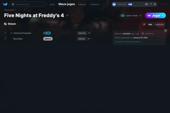Captura de tela de cheats do Five Nights at Freddy's 4
