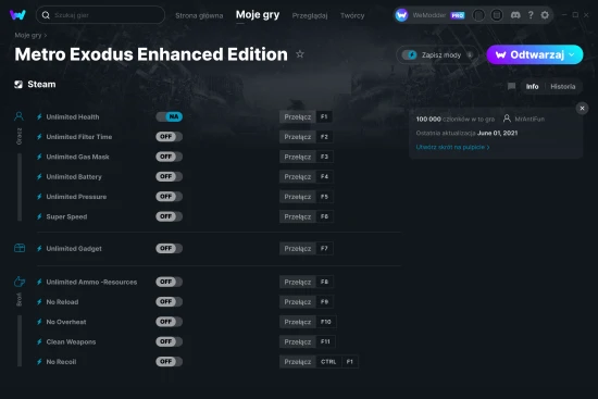 cheaty Metro Exodus Enhanced Edition zrzut ekranu