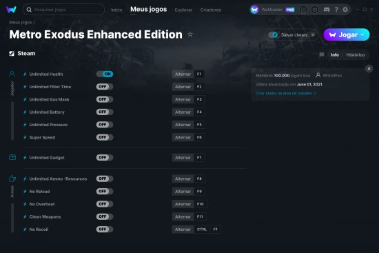 Captura de tela de cheats do Metro Exodus Enhanced Edition