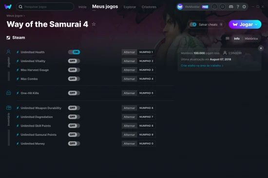 Captura de tela de cheats do Way of the Samurai 4