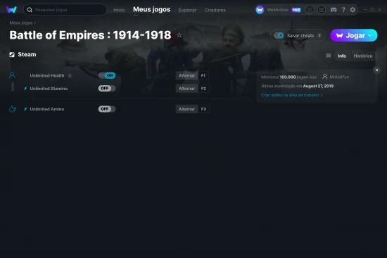 Captura de tela de cheats do Battle of Empires : 1914-1918