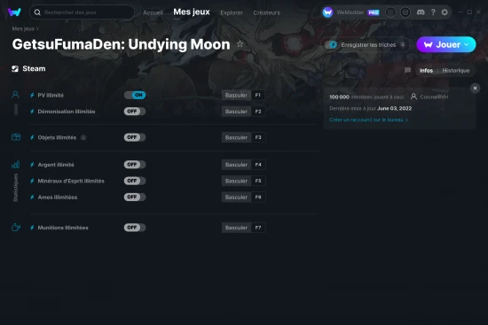 Capture d'écran de triches de GetsuFumaDen: Undying Moon