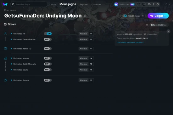 Captura de tela de cheats do GetsuFumaDen: Undying Moon