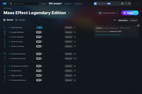 captura de pantalla de las trampas de Mass Effect Legendary Edition