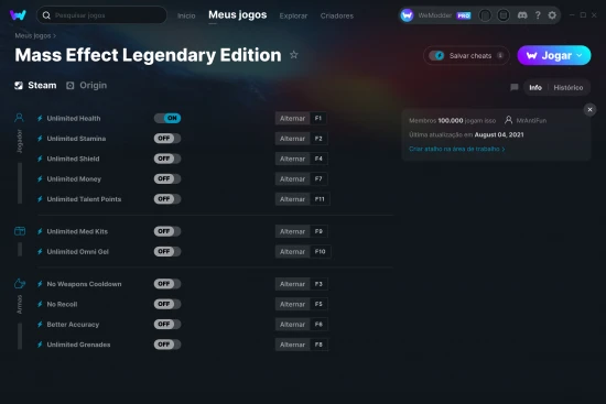 Captura de tela de cheats do Mass Effect Legendary Edition
