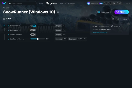 SnowRunner (Windows 10) cheats screenshot