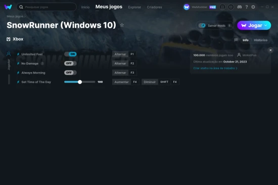 Captura de tela de cheats do SnowRunner (Windows 10)