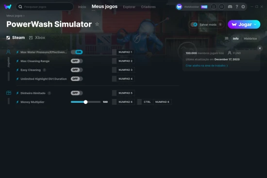 Captura de tela de cheats do PowerWash Simulator
