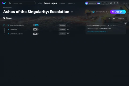 Captura de tela de cheats do Ashes of the Singularity: Escalation