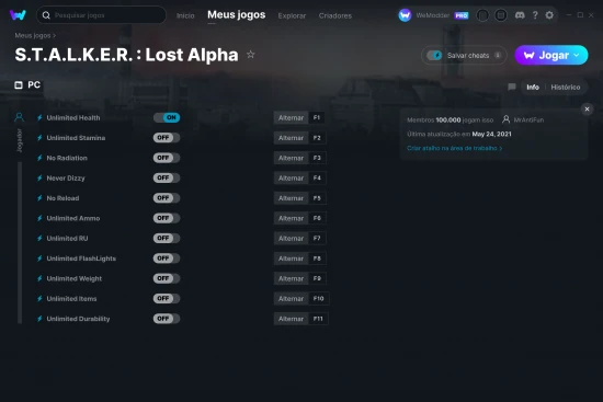 Captura de tela de cheats do S.T.A.L.K.E.R. : Lost Alpha