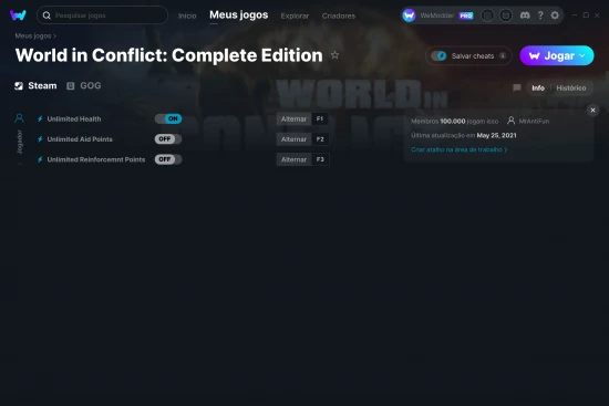 Captura de tela de cheats do World in Conflict: Complete Edition