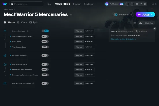 Captura de tela de cheats do MechWarrior 5 Mercenaries