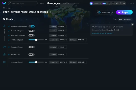 Captura de tela de cheats do EARTH DEFENSE FORCE: WORLD BROTHERS