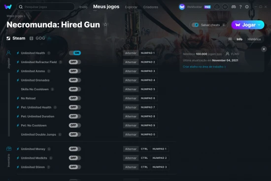 Captura de tela de cheats do Necromunda: Hired Gun