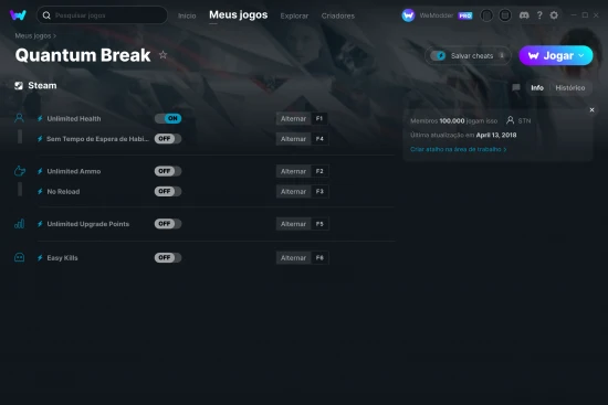 Captura de tela de cheats do Quantum Break
