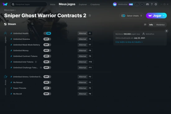 Captura de tela de cheats do Sniper Ghost Warrior Contracts 2