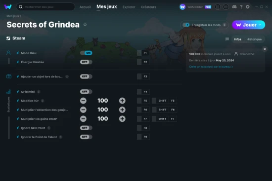 Capture d'écran de triches de Secrets of Grindea