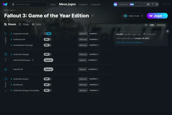 Captura de tela de cheats do Fallout 3: Game of the Year Edition
