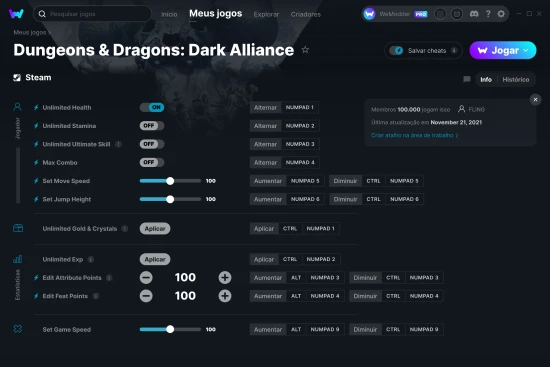 Captura de tela de cheats do Dungeons & Dragons: Dark Alliance