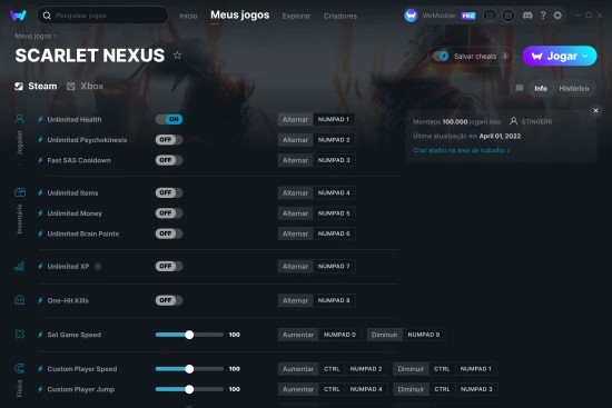 Captura de tela de cheats do SCARLET NEXUS