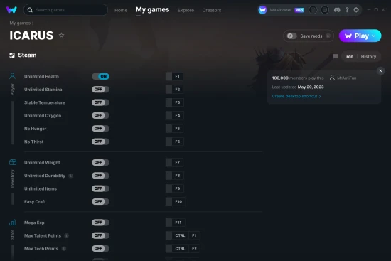 ICARUS cheats screenshot