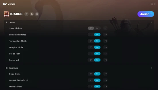 Capture d’écran des cheats pour ICARUS