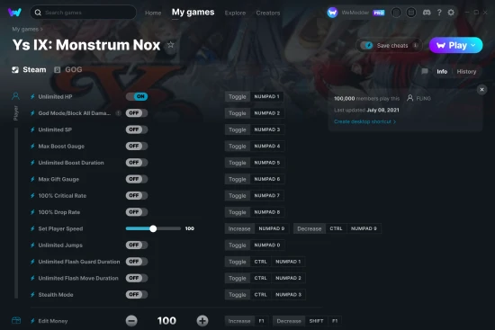 Ys IX: Monstrum Nox cheats screenshot