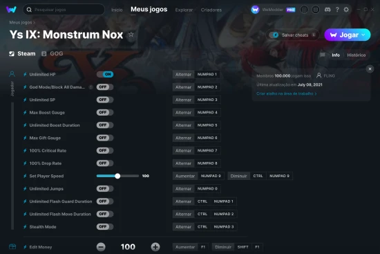 Captura de tela de cheats do Ys IX: Monstrum Nox