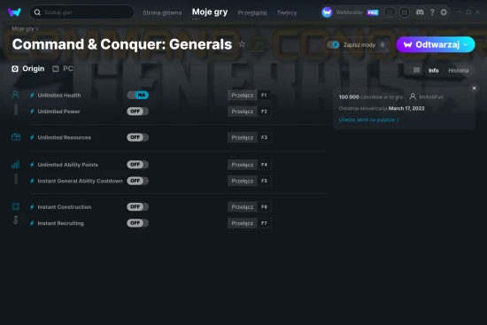 cheaty Command & Conquer: Generals zrzut ekranu