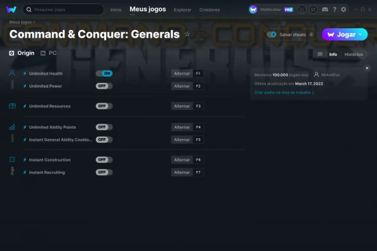 Captura de tela de cheats do Command & Conquer: Generals