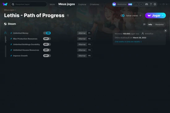 Captura de tela de cheats do Lethis - Path of Progress