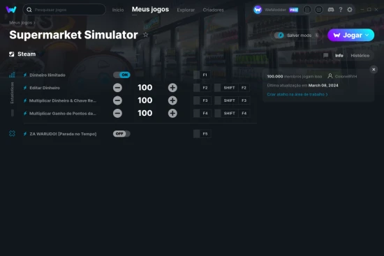 Captura de tela de cheats do Supermarket Simulator