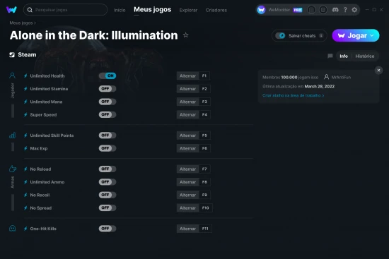 Captura de tela de cheats do Alone in the Dark: Illumination