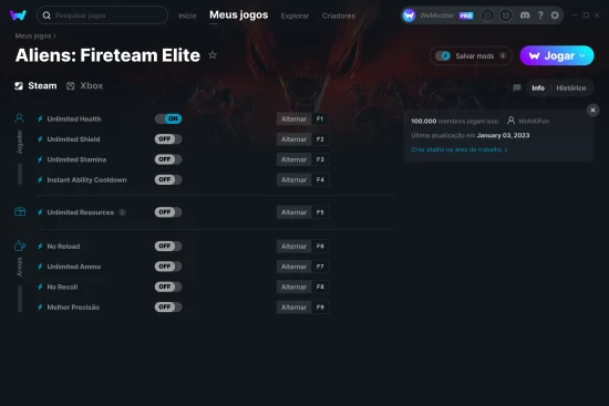 Captura de tela de cheats do Aliens: Fireteam Elite
